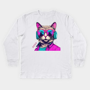 Pink & blue synthwave cat - xoxo Kids Long Sleeve T-Shirt